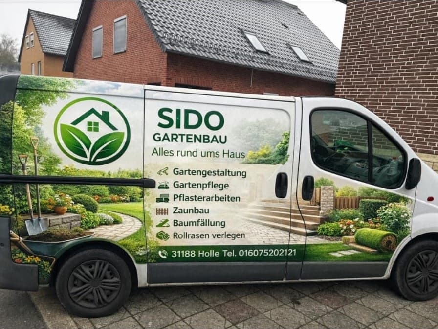 Beschrifteter Firmenwagen von SIDO Gartenbau mit Logo und der Leistungsübersicht auf der Seitentür: Gartengestaltung, Gartenpflege, Pflasterarbeiten, Zaunbau, Baumfällung und Rollrasen verlegen