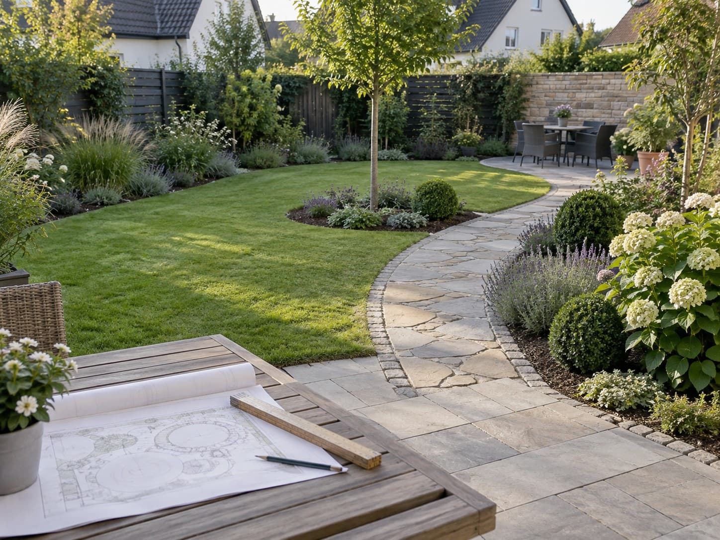 Gartenentwurf mit Zollstock auf dem Tisch, dahinter der umgesetzte Garten mit geschwungenem Natursteinweg, Beeten und Sitzplatz