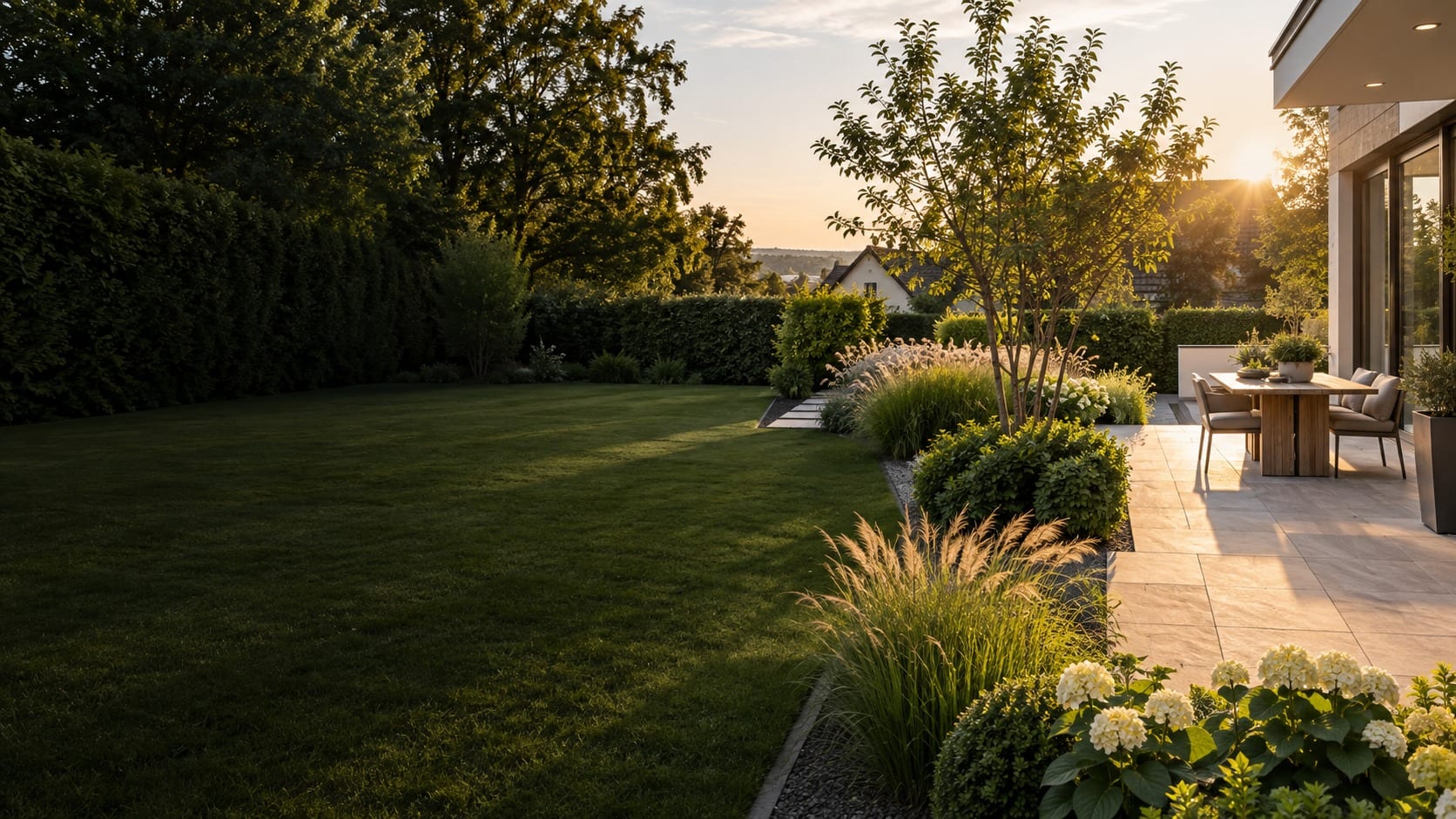 Gepflegter Garten im Abendlicht: geschnittener Rasen, Formhecken, Ziergräser und eine Natursteinterrasse am Haus