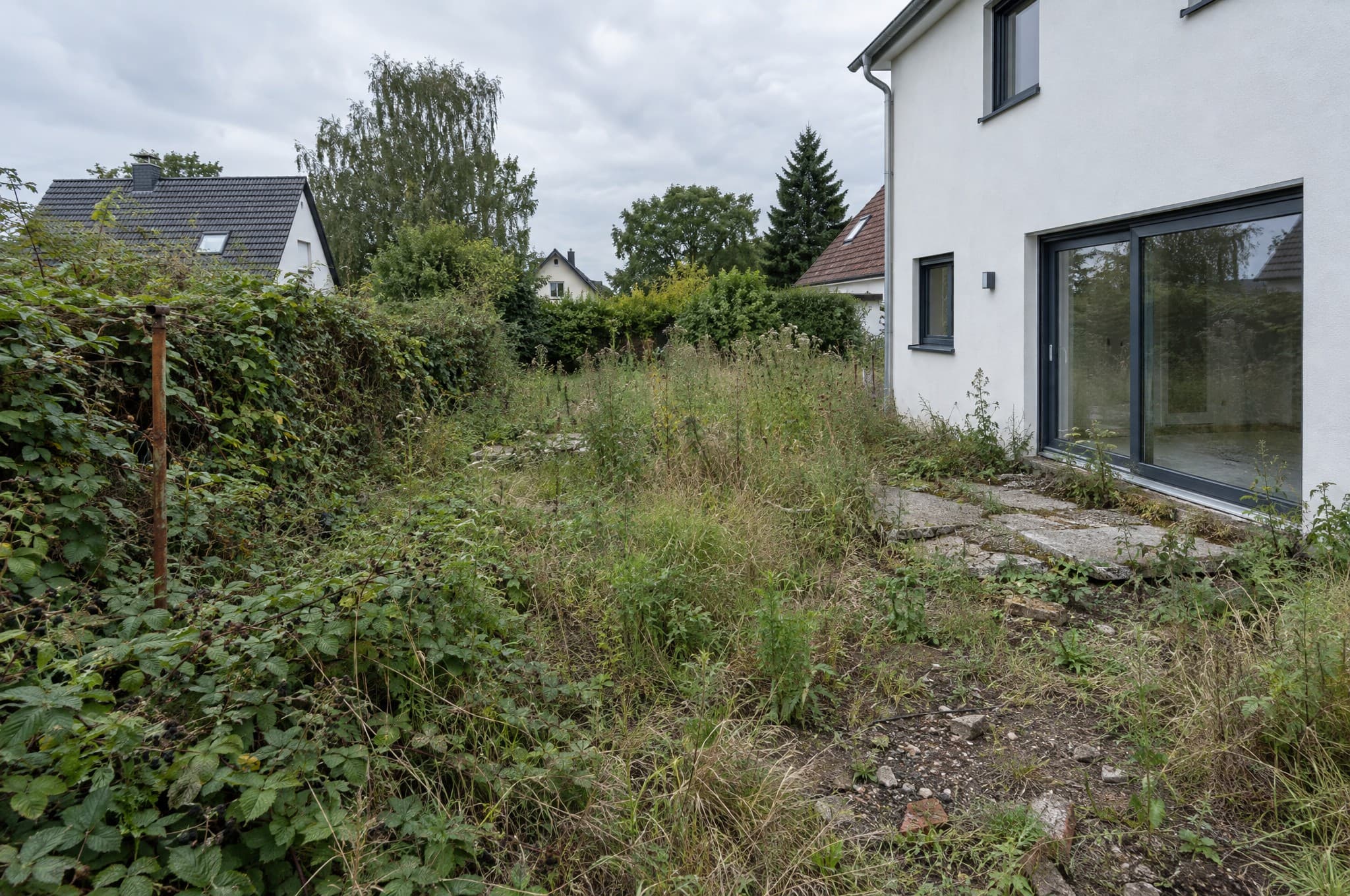 Verwahrloster Garten vor der Neugestaltung: kniehohes Unkraut, Bauschutt, gebrochene Betonplatten und eine ungepflegte Hecke am Haus